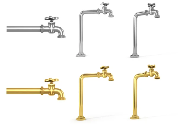 Jeu de robinets dorés et argentés dans différentes positions. Illustration 3d — Photo