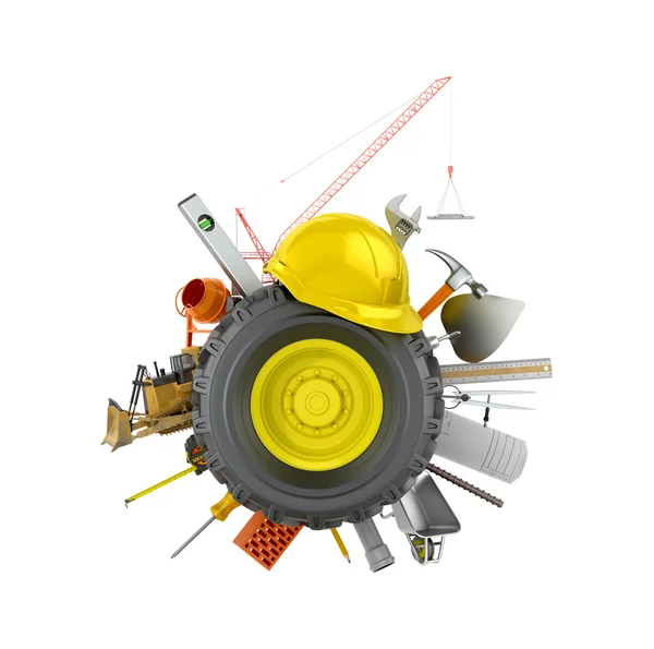 Car wheel with construction tools and materials on a white backg — Stock Photo, Image