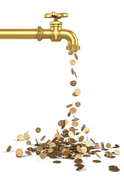 Gold coins fall out of the golden tap. isolated on white. — Stock Photo, Image