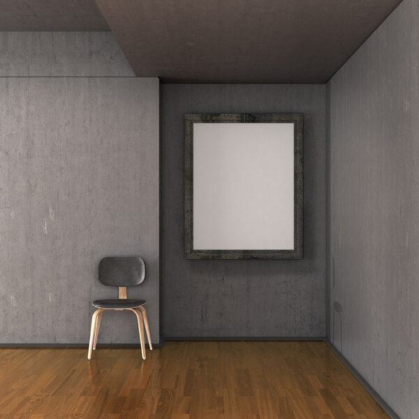 Gallery empty frame with the canvas on a concrete wall in the room, a chair near the wall. 3D illustration