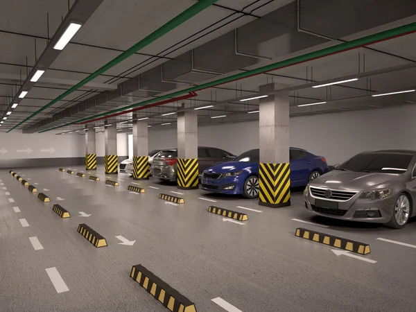 Parcheggio sotterraneo con auto. Illustrazione 3d . — Foto Stock