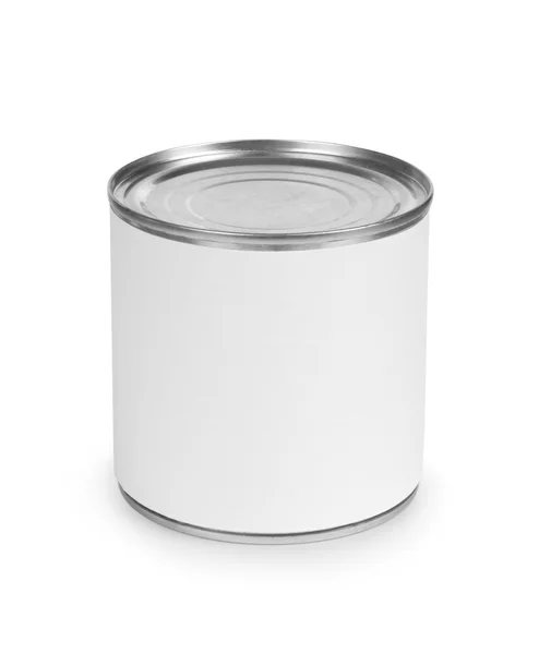 Latas de metal para conservas de alimentos sobre fondo blanco, recorte de camino en el interior . —  Fotos de Stock