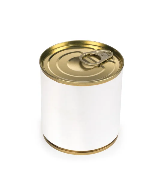 Latas de metal para conservas de alimentos sobre fondo blanco, recorte de camino en el interior . —  Fotos de Stock