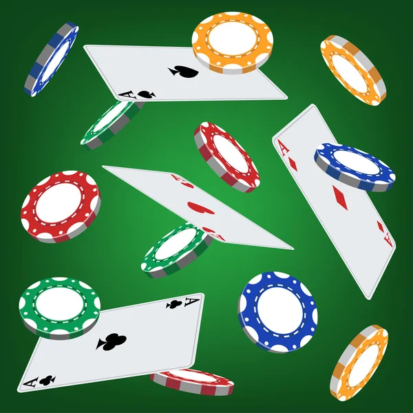 Poker chips and playing cards on green background — Stock Vector