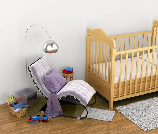 Babybett, Spielzeug, ein Stuhl, ein Teppich für die Füße in einem komfortablen Chi — Stockfoto