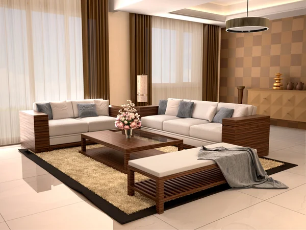 Современный дизайн гостиной теплые цвета. 3d иллюстрация . — стоковое фото