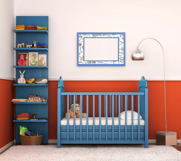 Interior is modern children's room with bright walls and crib fo — Stock Photo, Image