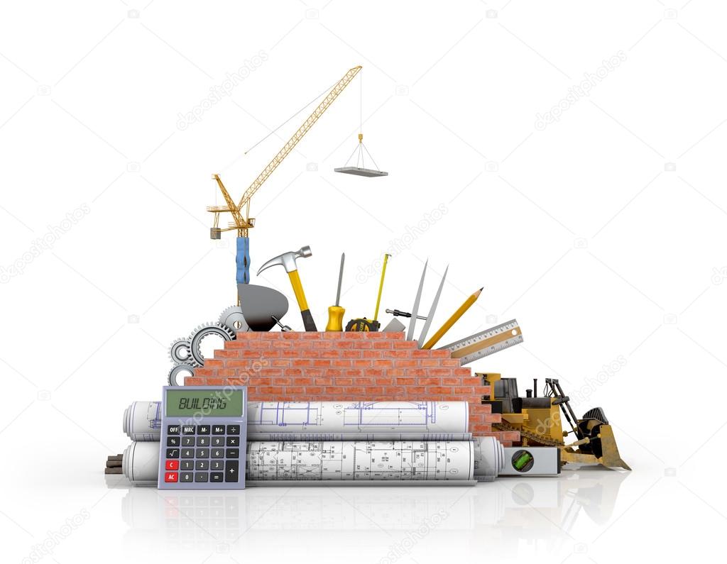 Building concept to construction drawings and tools on a white b