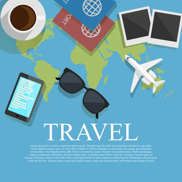 Flat design style vector illustration of traveling on airplane — Stock Vector