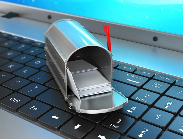 Koncepcja wysyłanie i odbieranie poczty e-mail z komputera. 3D i — Zdjęcie stockowe