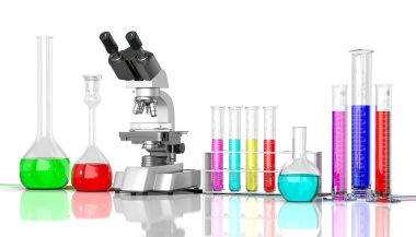 3D render illüstrasyon. Laboratuvar cam whith renkli sıvı