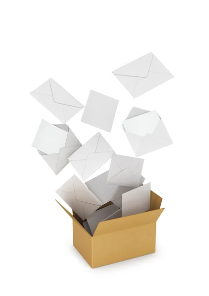 Letters and envelopes  fly out from a cardboard box. 3D illustra — Stock Photo, Image