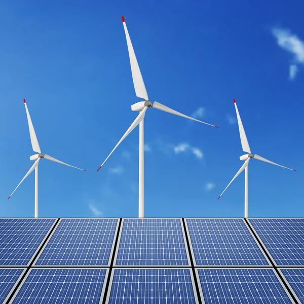 Solar panels and wind turbine against blue sky — Stock Vector