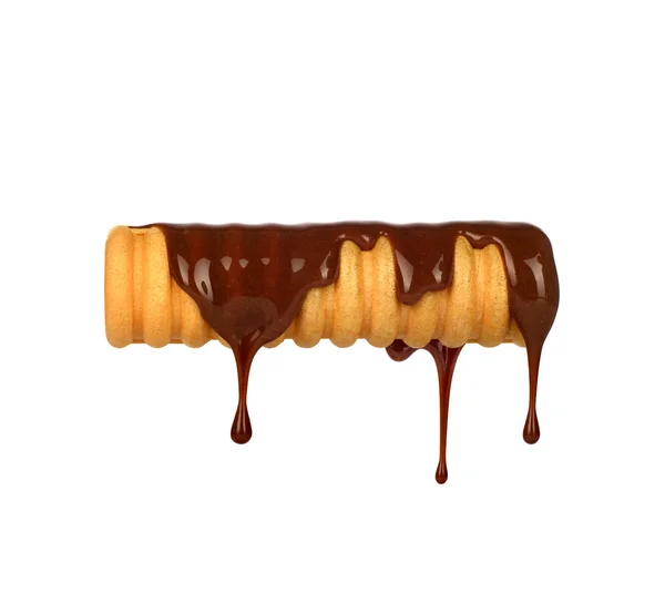 Chocolate pouring on wafer tube isolated — Stock Photo, Image