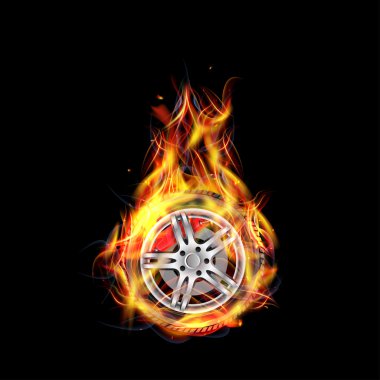 Ateş tekerlek üzerinde siyah bir arka plan izole