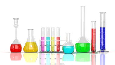 3D render illüstrasyon. Laboratuvar cam whith renkli sıvı