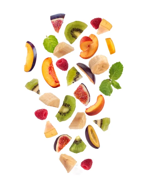 Fresh mixed fruits pieces falling, fruit salad isolated on white — Stock Photo, Image