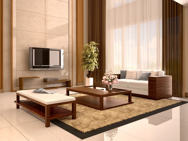 Современный дизайн гостиной теплые цвета. 3d иллюстрация . — стоковое фото