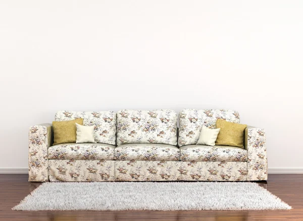 Sofa dalam kain bunga di latar belakang dinding putih dan karpet — Stok Foto
