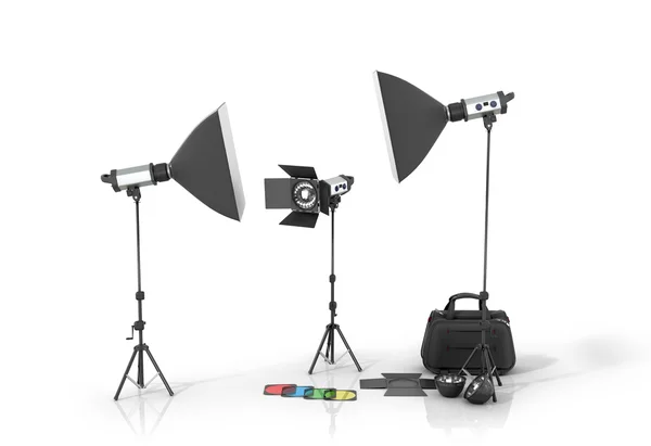 Photo studio equipment on a white bacground.3D illustration — Stock Photo, Image
