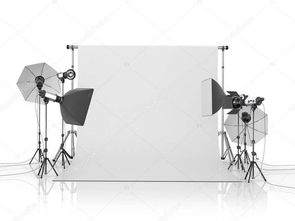 Photo studio equipment on a white bacground.3D illustration
