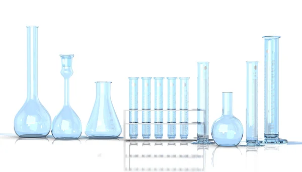 Illustration de rendu 3D. Verrerie bleu laboratoire sur fond blanc — Photo