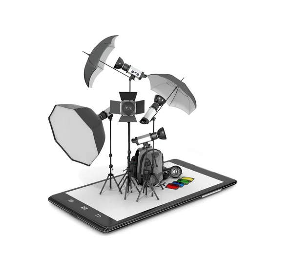 Concept photo studio, photographic equipment placed on smartphon — Stock Photo, Image