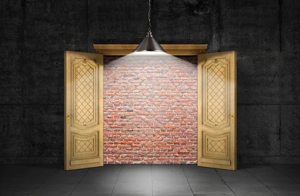 Concept of obstacle. Opened door with a brick wall inside with a