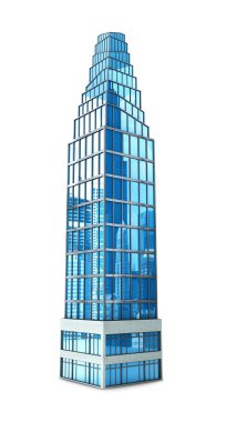 Beyaz arka plan üzerinde izole yüksek cam bina. 3D illustratio