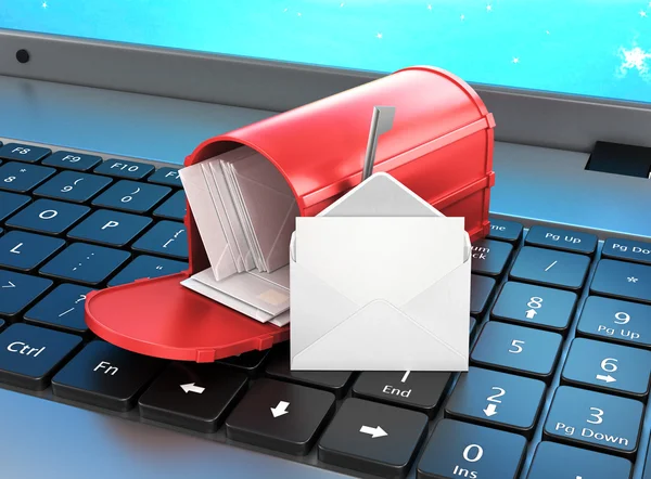 Mailbox on the keyboard, open letter on the keyboard. 3d illustr — Stock Photo, Image