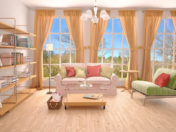 Sunny living room interior. 3d illustration. — Stock Photo, Image