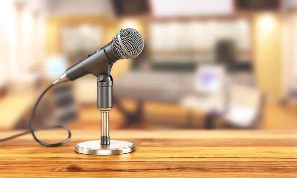 Mikrofon auf dem Stativ vor Studiohintergrund. 3D-Illustration — Stockfoto
