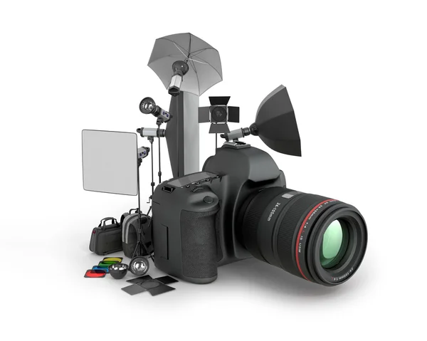 Photo studio concept. Camera and photo equipment on a white back — Stock Photo, Image