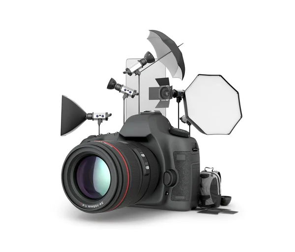 Concept studio. Photography Studio Equipment located near the ca — Stock Photo, Image