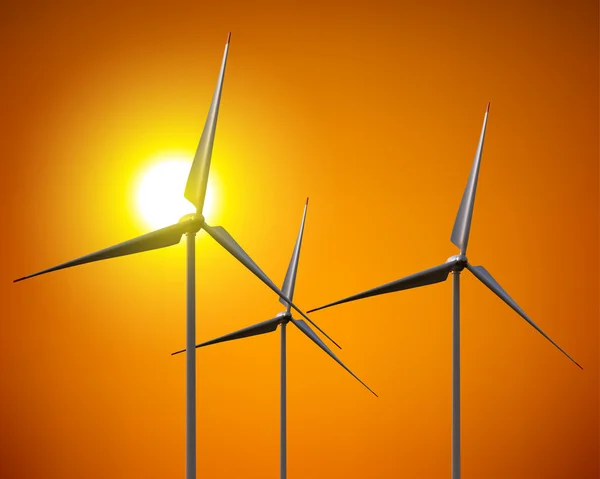 Trzech turbin wiatrowych na tle słońca — Wektor stockowy