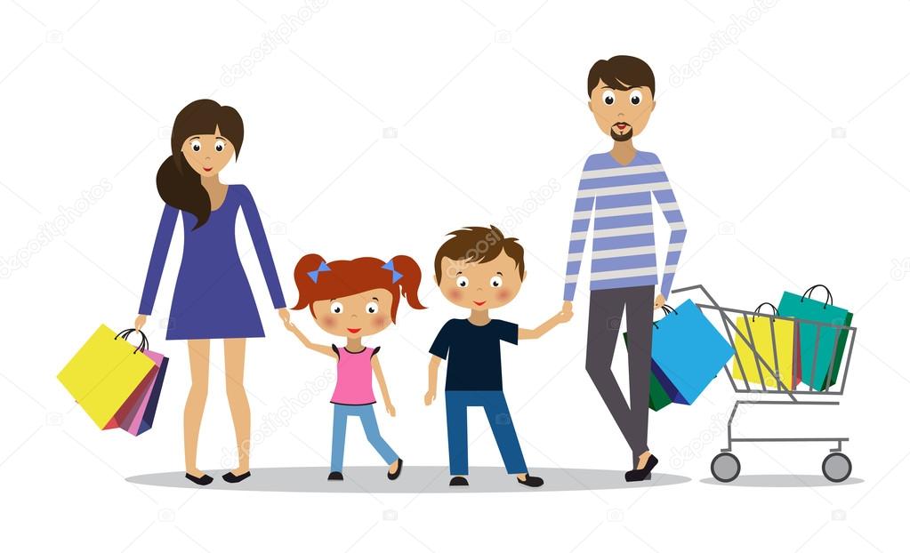 Shopping concept with european family buyer. Vector illustration european buyer man, woman, children, family in the shop. 