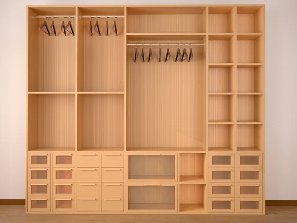 空的木制衣柜壁橱。3d 图 — 图库照片
