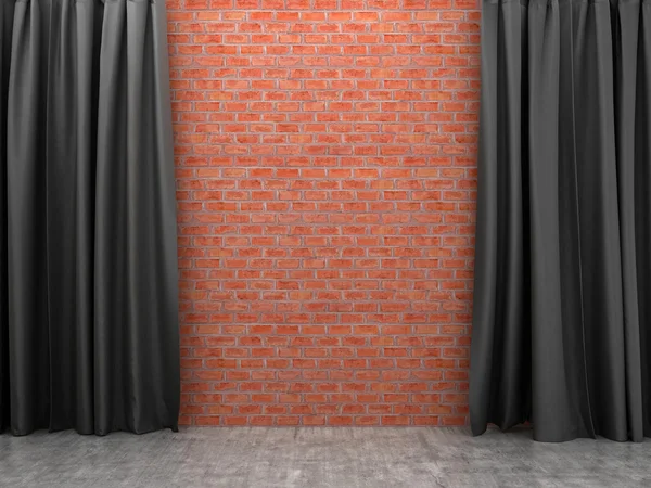 벽돌 wall.3d 그림에 열려 블랙 커튼 — 스톡 사진