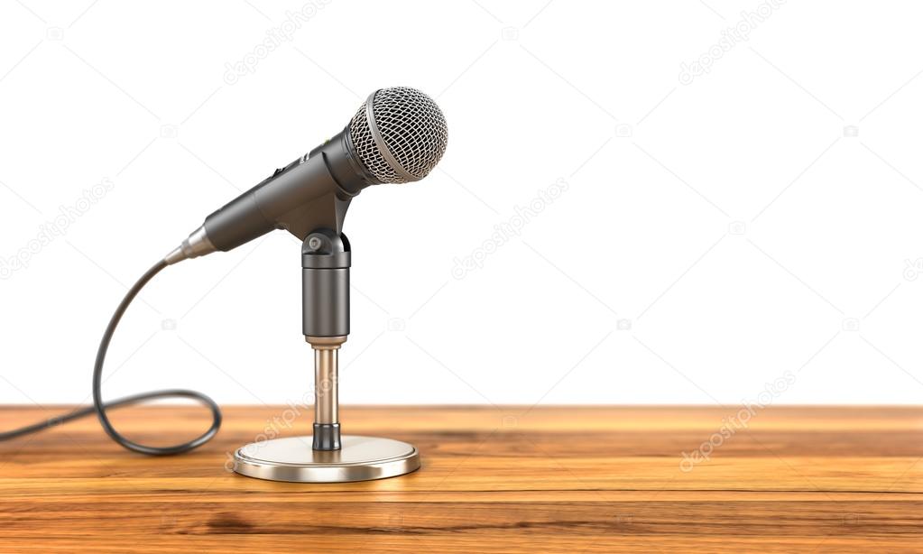 Microphone on the stand on a wood background. 3d illustration
