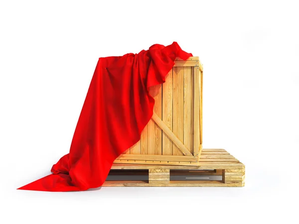木制箱盖红色织物隔离 3D插图 — 图库照片