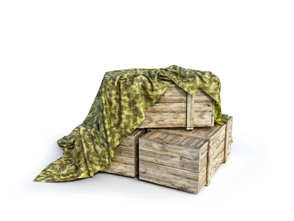 Couverture Boîte Bois Tissu Militaire Isolé Concept Marchandises Guerre Illustration — Photo