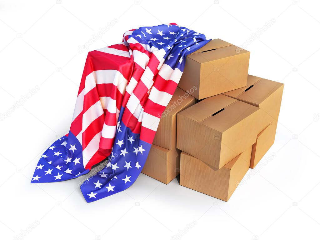 cardboard boxes cover U.S Flag isolated. U.S goods concept. 3d illustration