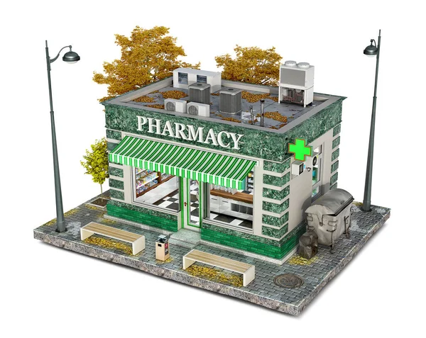 Pharmacy building on a piece of ground, 3d illustration