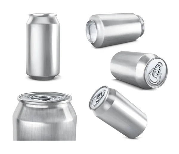 Scatole Alluminio Set Tipi Diversi Mockup Illustrazione Vettoriale — Vettoriale Stock