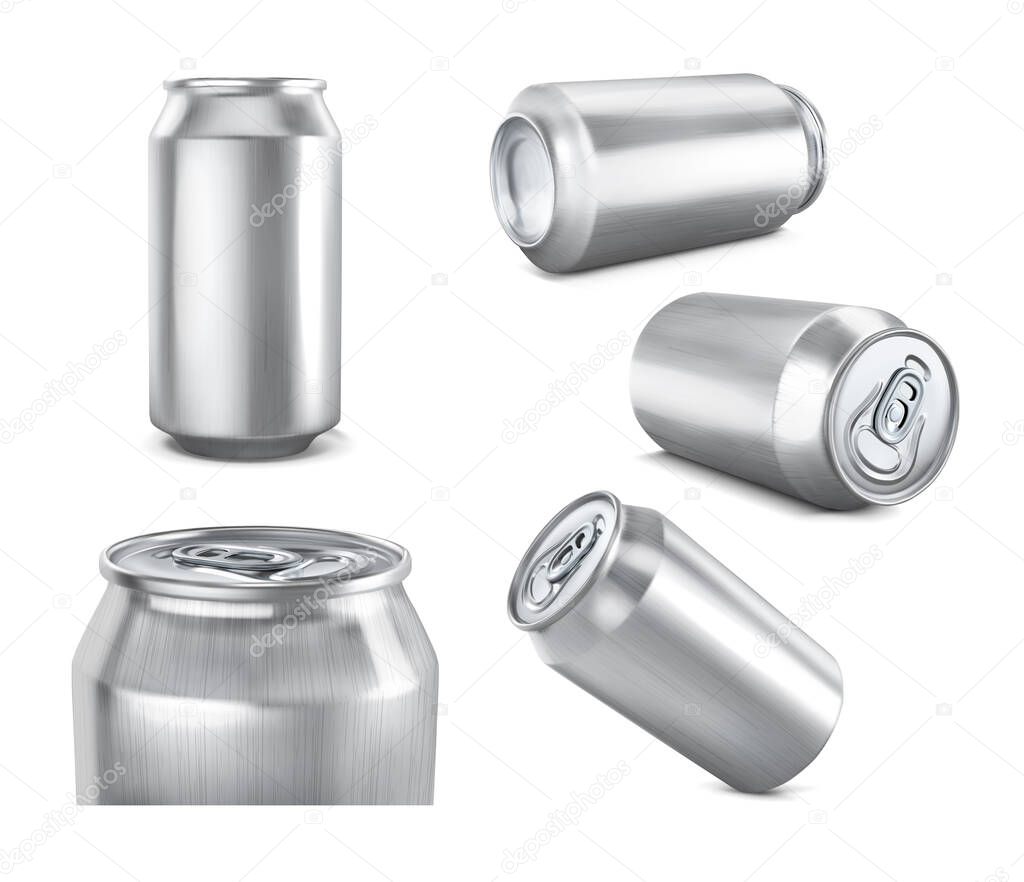 Aluminum cans. A set of different types for a mockup. Vector illustration.
