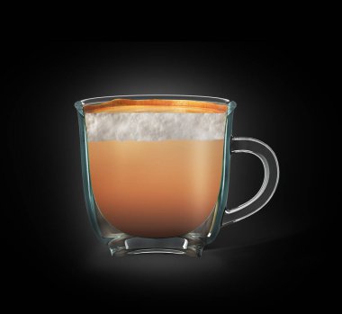 Yarım bardak cappuccino. Kapuçinoyla dikey kesim. 3d illüstrasyon