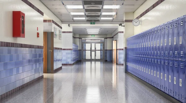 Μακρύς Σχολικός Διάδρομος Μπλε Θυρίδες Εικόνα — Φωτογραφία Αρχείου