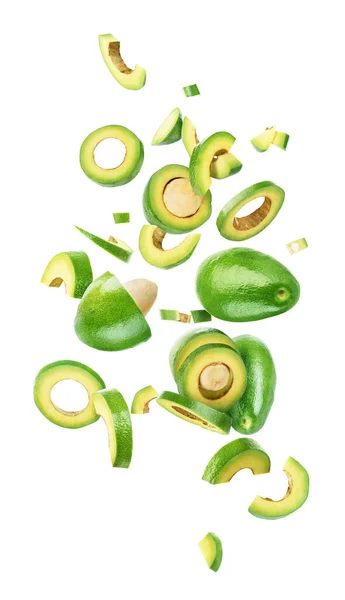 Avocado Tagliato Fette Caduto Isolato Fondo Bianco — Foto Stock