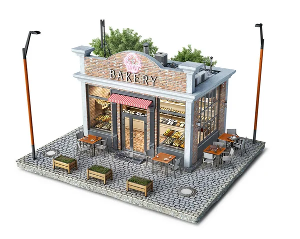 Bakery shop building on a piece of ground, 3d illustration