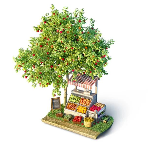 Groenten Fruit Kraam Appelboom Een Klein Stukje Grond Illustratie — Stockfoto